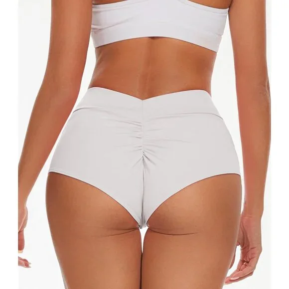 Women's White Booty Shorts-high Waist V Back Yoga Imported Shorts Spandex Bottom